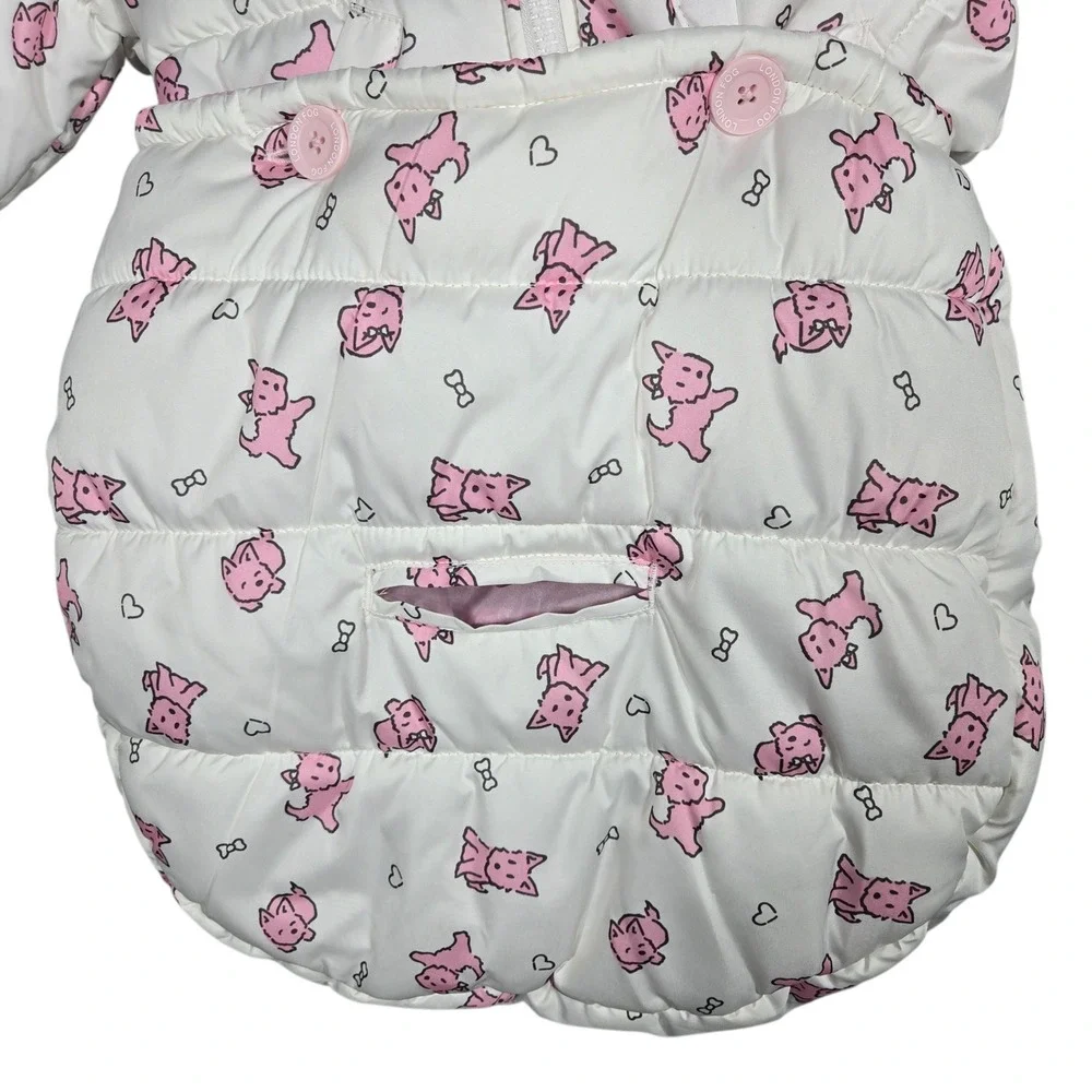 London Fog Puffer Bunting Bag Baby Girls 0-6M White Pink Dog Print Fleece Pram